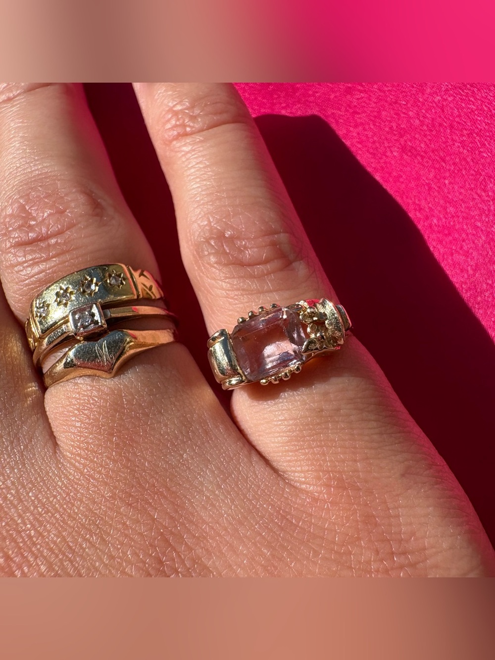 Vintage Solid 10k Gold Ring with Rectangular Pink Gemstone